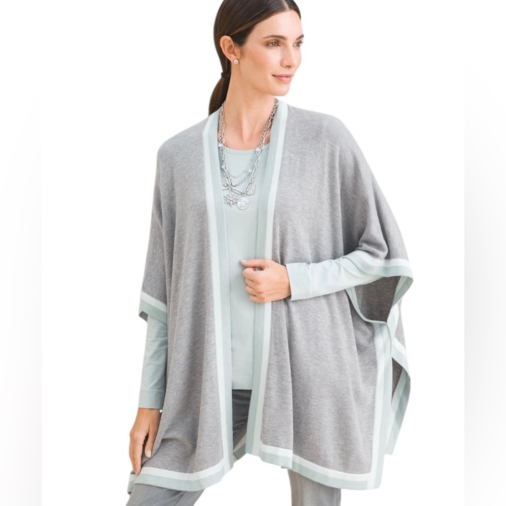 Chicos Tipped Ruana Wrap Soft Cozy Gray Mint Green Trim Transitional Sz S/M